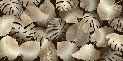 Horizontal background with exotics golden monstera and Philodendron leaves. Hand drawn luxury golden tropical leaf on dark background. Vector linear illustration of monstera leaves.