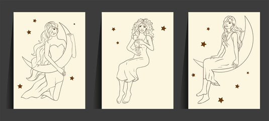 Obraz premium Astrology woman celestial card set. Sacred boho lady line art esoteric linear moon star magic beautiful vector.