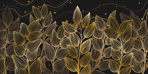Horizontal background with exotics golden leaves. Hand drawn luxury golden tropical leaf on dark background. Vector linear illustration of leaves.