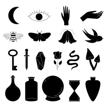 Set Of Moon, Eye, Hands, Crystal, Snake, Rose,  Leaf, Bee, Key, Magic Ball, Mushrooms, Rose, Bird, Moth, Dagger, Sandglass.