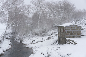 Pine trees and a refuge house covered in snow on a white winter landscape with a river crossing in...