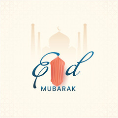 Eid Mubarak Font With Paper Lantern On Silhouette Mosque Islamic Pattern Background.