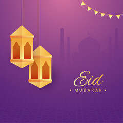 Golden Eid Mubarak Font With Hanging Lanterns On Purple Silhouette Mosque Background.