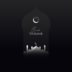 Fototapeta na wymiar Eid Mubarak Celebration Poster Design With Silhouette Mosque And Crescent Moon On Black Background.