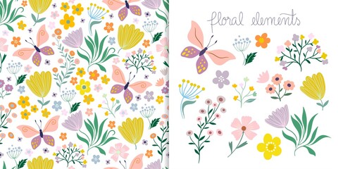 Spring and summer set with seamless pattern and floral elements isolated on white
