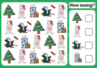 Counting Game for Preschool Children. Count how many Educational a mathematical game. Vector illustration