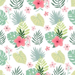 Tropical seamless pattern with hibiscus, flowers and leaves, summer design © lilett