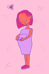 Vector illustration with a pregnant girl. Cute poster of future mom for baby shower. Postcard, print with birth. Caring parents. Expectation of the child. Freehand-drawn. Bright fashionable