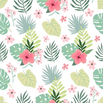 Tropical seamless pattern with hibiscus, flowers and leaves, summer design
