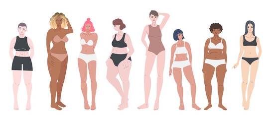 Different women figures in row. Set of isolated portraits of young girls