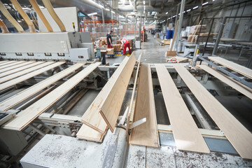 Carpentry factory. Automated equipment for laminate production. Modern robotic factory indoors....
