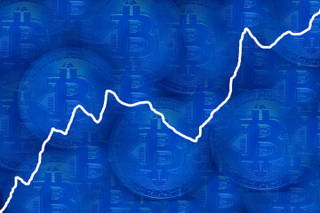 many blue bitcoin crypto currency with blue background and a white rising chart
