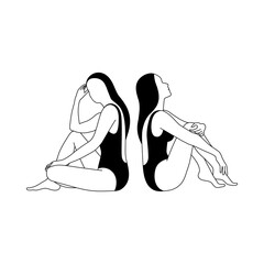 Set of linear female figures in swimsuits. Young women sitting and sunbathing.