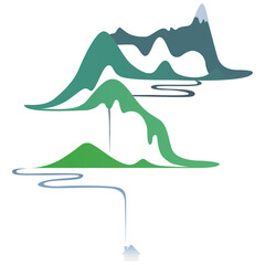 Vector flat landscape. Gradient mountain river and house