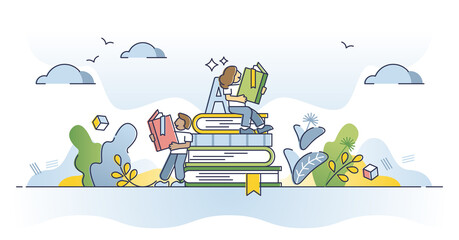 Reading books and course learning from library literature outline concept. Academic study and cognition process vector illustration. Personal knowledge and wisdom development at school or university. - obrazy, fototapety, plakaty