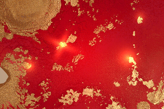 Ruby red and gold marble texture with sparkles. Abstract vector background in alcohol ink technique. Modern paint with glitter. Template for banner, poster design. Fluid art painting
