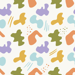 Seamless abstract pattern of simple organic shapes and lines. Natural pastel colors. Modern trendy vector background for textile design, fabric, paper, social marketing