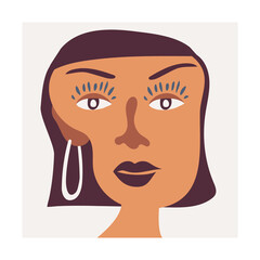 Poster with an abstract female portrait. Woman's face of simple geometric shapes. Minimalism, pastel earth tones. Vector print for clothing and posters. Art for a fashion project