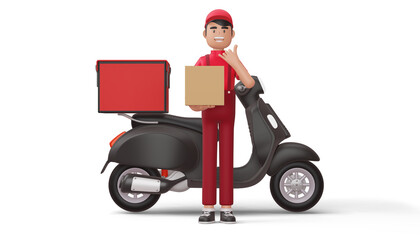 Delivery man hold a parcel box with delivery motorcycle, 3d rendering.
