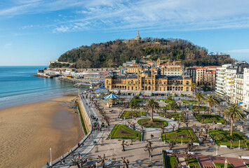 Aerial view of the Alderdi-Eder Park, the City Hall and the castle on Urgull hill in San Sebastian, Spain