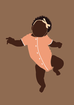 Black Baby Girl In Sliders Laying On The Brown Isolated Background. Orange Romper Suit. Afro Baby.	