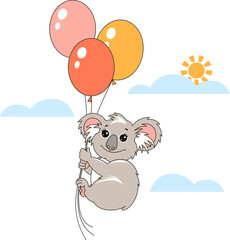 Vector illustration. Cute koala bear flying with balloons in sunny sky. Nice cartoon childish design. Elements for card, poster, birthday invitation .
