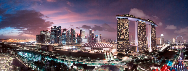 SINGAPORE - JANUARY 3, 2020: Sunset aerial view of Singapore from drone, view from Gardens By The Bay