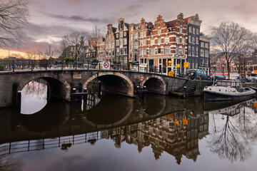 Reflection of historic canal houses in the Brouwersgracht canal in Amsterdam