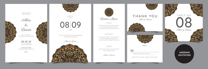 Set of Wedding Invitation, Wedding invitation cards baroque style  gold. Vintage Pattern. Retro Victorian ornament.