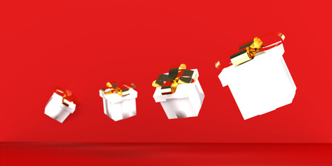 3d rendering illustration white gift boxes golden ribbon on red background.Valentine's Day.Falling or flying gift box, celebrate, promotion, birthday.Falling gift box.premium present.delivery package.