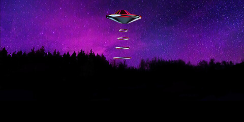UFO Rendering 3d.an alien plate hovering over the Tree forest, hovering motionless in the air.Unidentified flying object.illustration.