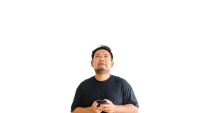 Asian Man Cry And Sad With What Show On The Smartphone.man Mental Health Care.unemployed, Lost, Wait Vaccine.Fat Man Holding Cellphone With Emergency Accident.stress, Serious, Emotion, Business, Debt.