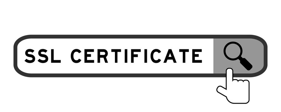 Search banner in word SSL (Abbreviation of secure sockets layer) certificate with hand over magnifier icon on white background