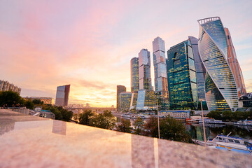 Modern skyscraper architecture. Moscow international business center Moscow city at sunset, Russia.
