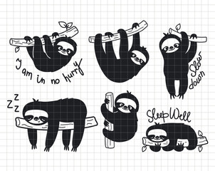 Sloths bundle.  Cute baby animals sleeping, hanging, and smiling. Silhouette vector flat illustration. Cutting file. Suitable for cutting software. Cricut, Silhouette © Nesele