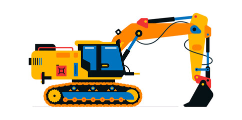 Construction machinery, excavator. Commercial vehicles for work on the construction site. Vector illustration isolated on white background