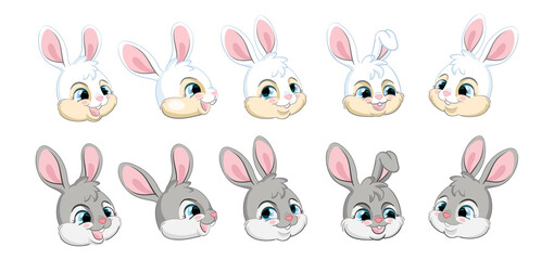 Set of cute cartoon rabbits heads vector