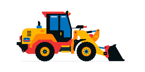 Construction machinery, front-end loader, tractor, excavator. Commercial vehicles for work on the construction site. Vector illustration isolated on white background