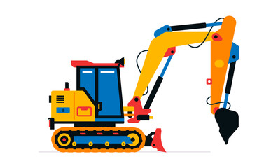 Construction machinery, excavator. Commercial vehicles for work on the construction site. Vector illustration isolated on white background