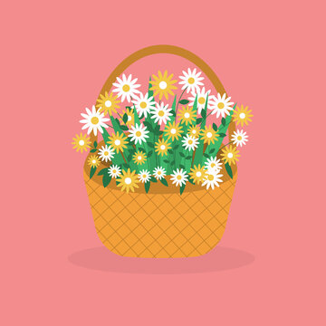 Flowers in the basket. Bouquet yellow and white flowers art design elements object isolated stock vector illustration for web, for print.
