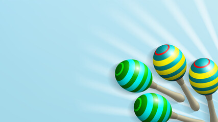Festive bright blue poster with rays. 3d colored hand musical instruments maracas with shadows