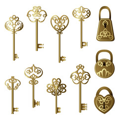 Set of vintage keys and locks on a white isolated background. Vector illustration.
