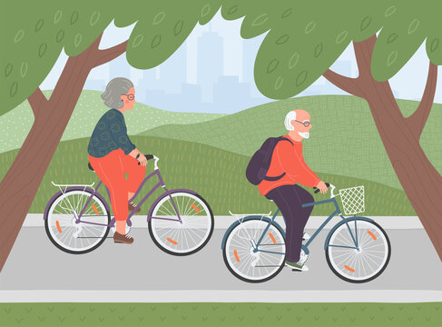 Seniors couple cycle on bicycle together in the city park. Senior woman and man traveling on bike