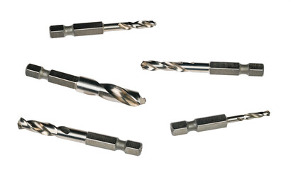 Various sized drill bits of high-speed steel isolated on white background. Set of sharp silvery drilling cutters. Helical cutting tools with hexagonal shank for making accurate holes in metal working.