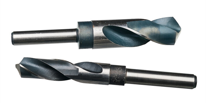 Two sharp drill bits from high speed steel isolated on a white background. Close-up of spiral grooved drilling cutters with cylindrical shank. Cutting tools for making precise holes in metal working.