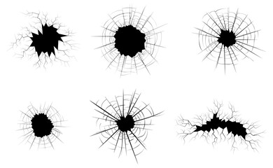 Broken glass, cracks on glass isolated on white background. Bullet hole. Black monochrome illustration.