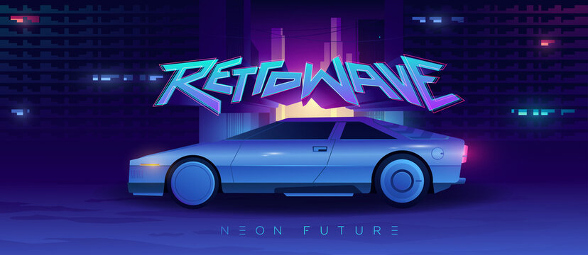 Cyberpunk and retrowave style illustration. Futuristic concept car on a background with a night city