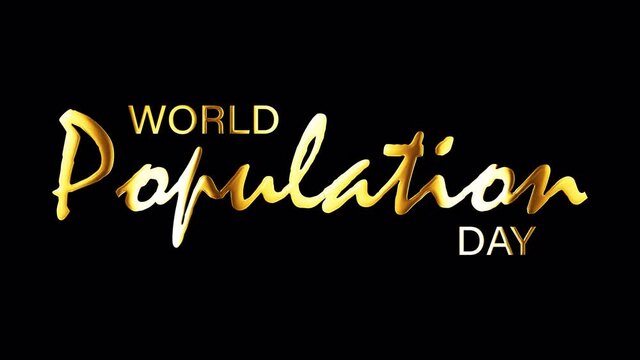 World Population Day golden text word with gold light shine animation. 4K 3D seamless loop World Population Day isolated word using QuickTime Alpha Channel ProRes 4444 with light motion effect element