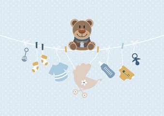 Teddy Auf Gebogener Leine Babysymbole Junge Retroblau Senfgelb Punkte