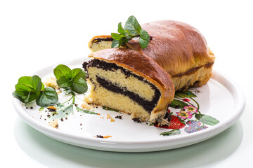 roll with poppy seeds inside on a white background